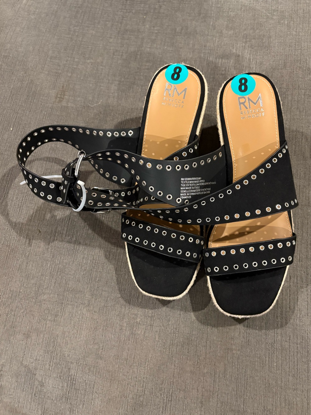 NWOT Rebecca Minkoff Black Eyelet Strap Wedge Sandals